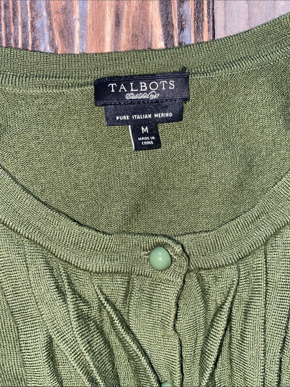 Talbots Pure Merino Italian Wool Olive Green Ruffle-Front Cardigan - Picture 2 of 4